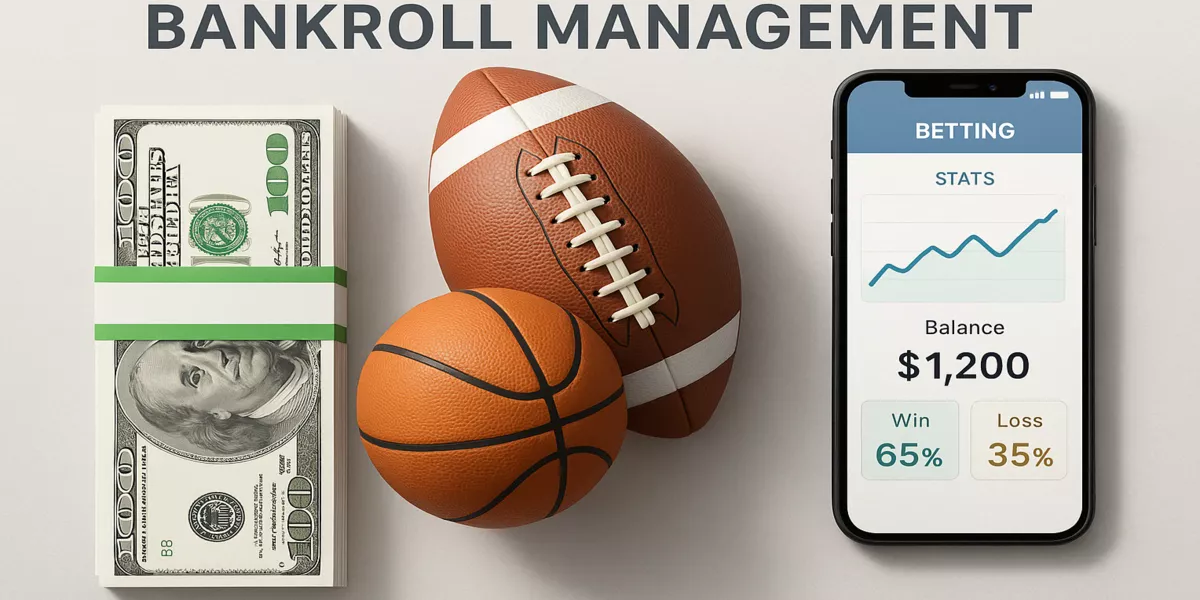 Professional sports betting bankroll management concept with calculator, money, and sports equipment