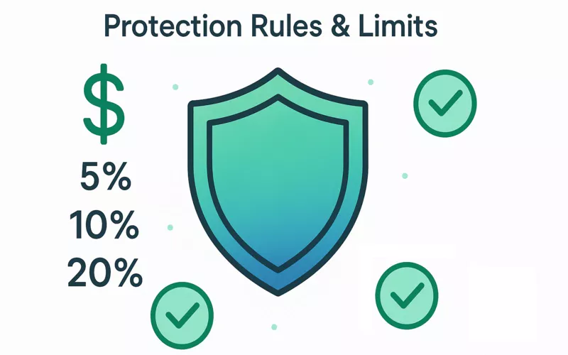 Bankroll protection rules and limits illustration with shield icon, percentage symbols, and financial safety concepts