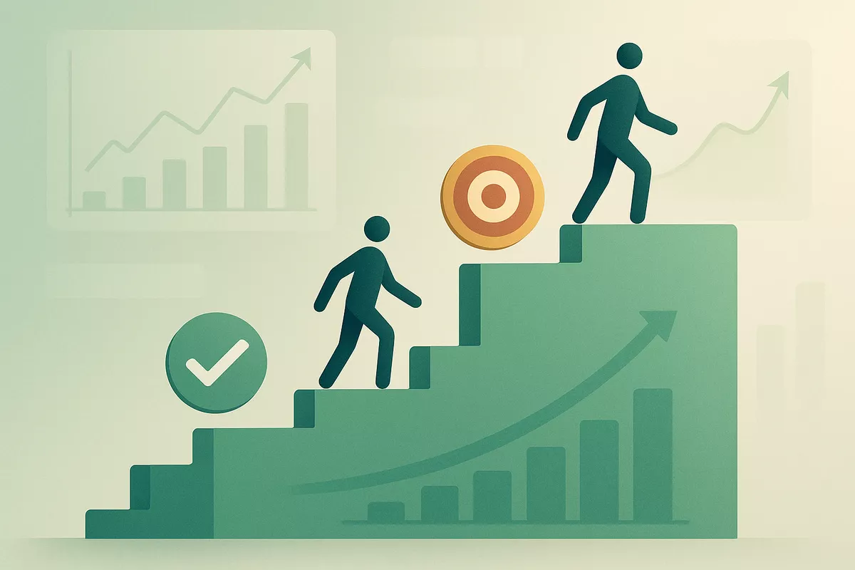 Inspirational illustration showing ascending path to betting success with achievement milestones and positive trend analytics