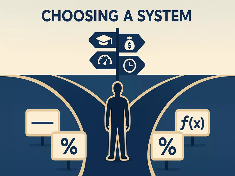 Decision-making guide illustration showing multiple pathways for selecting betting systems based on experience, bankroll, and risk tolerance