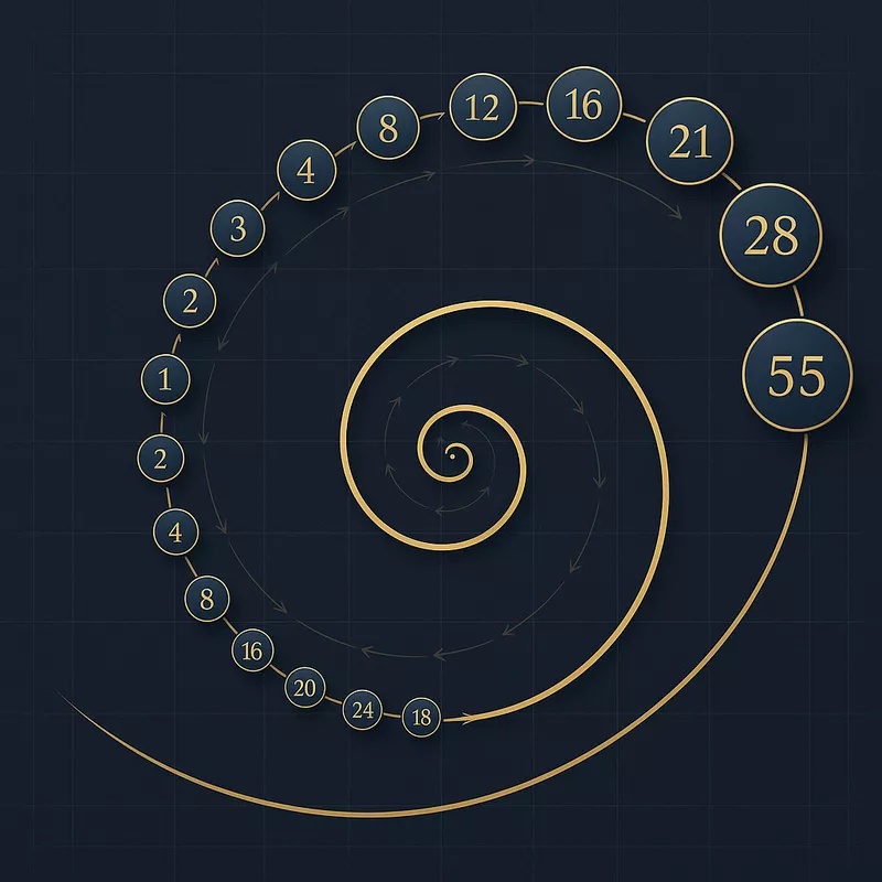 Fibonacci betting sequence visualization showing spiral progression of bet sizes in golden ratio