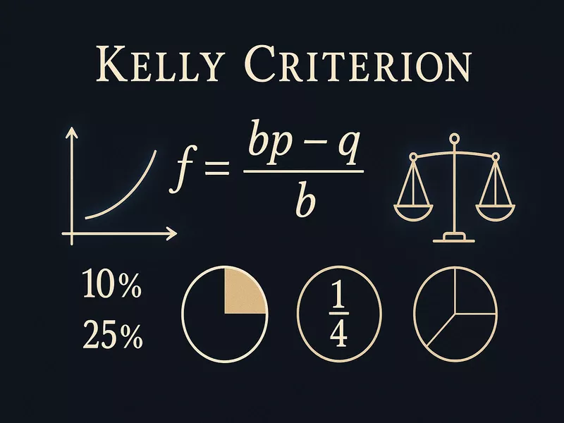 Kelly Criterion mathematical formula visualization with fractional betting calculations and risk-reward balance symbols