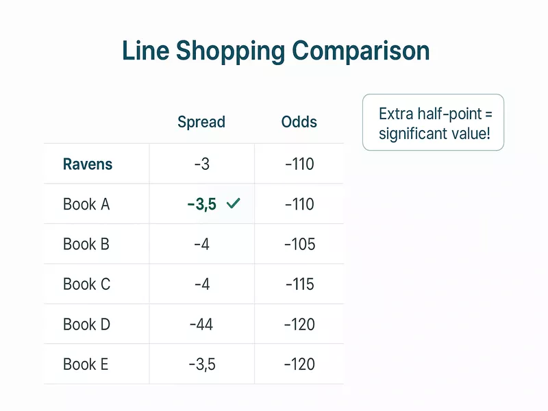Line shopping comparison across multiple sportsbooks showing betting value and odds differences