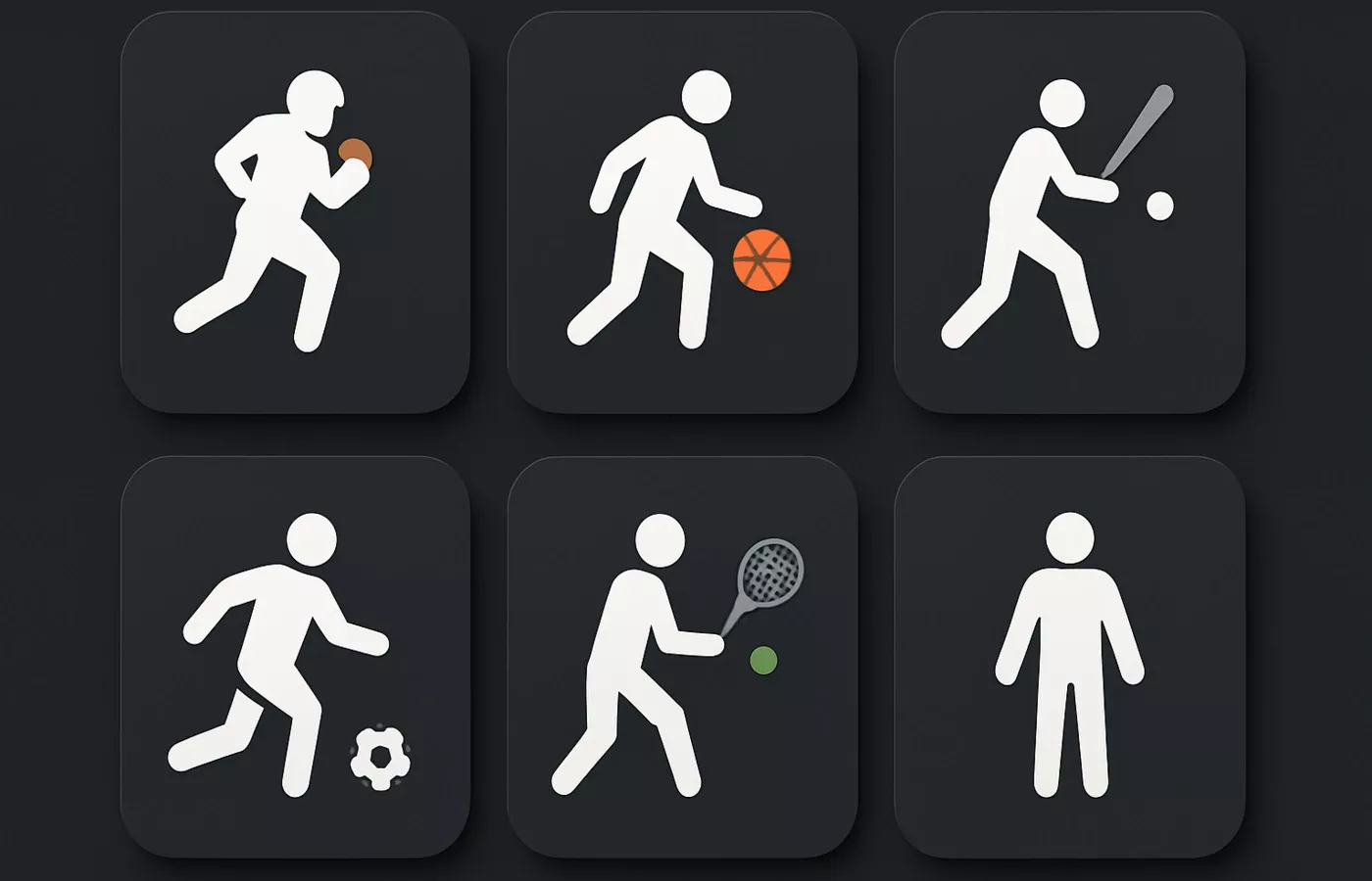 Grid layout displaying strategy considerations for different sports including football, basketball, baseball, soccer, tennis