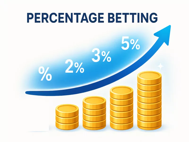 Illustration of percentage-based betting system showing exponential growth curve with increasing chip stacks and percentage symbols