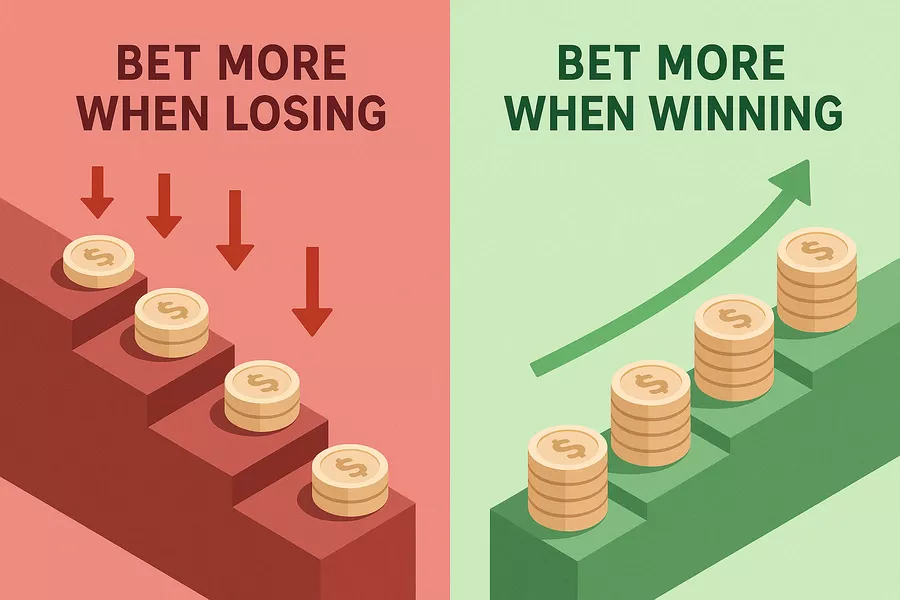 Comparison diagram of positive versus negative progression betting systems showing risk patterns