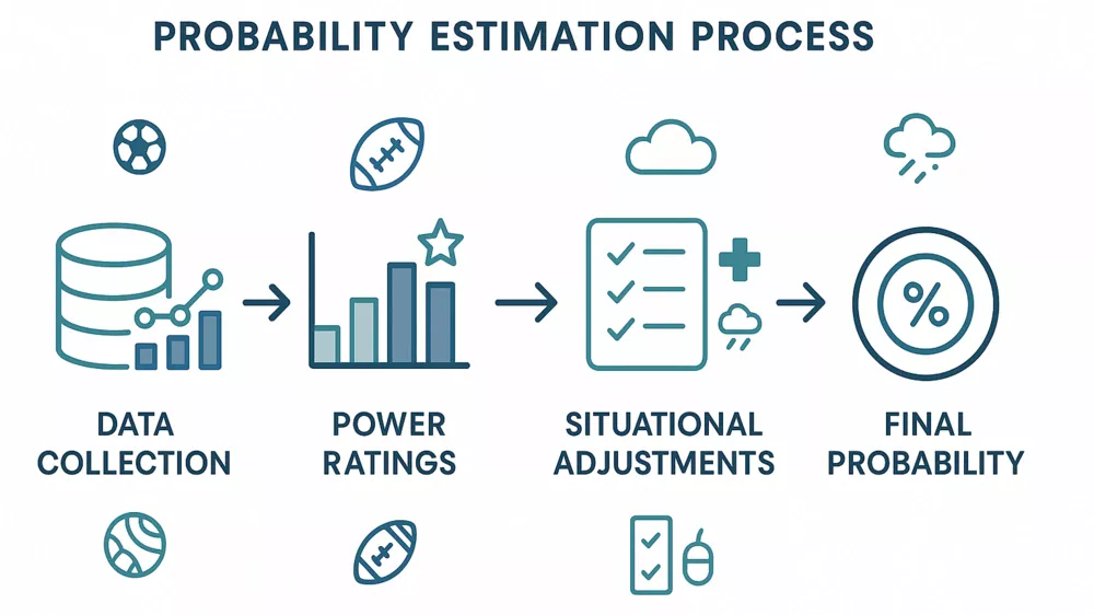Probability estimation process for sports betting analysis including data collection and power ratings