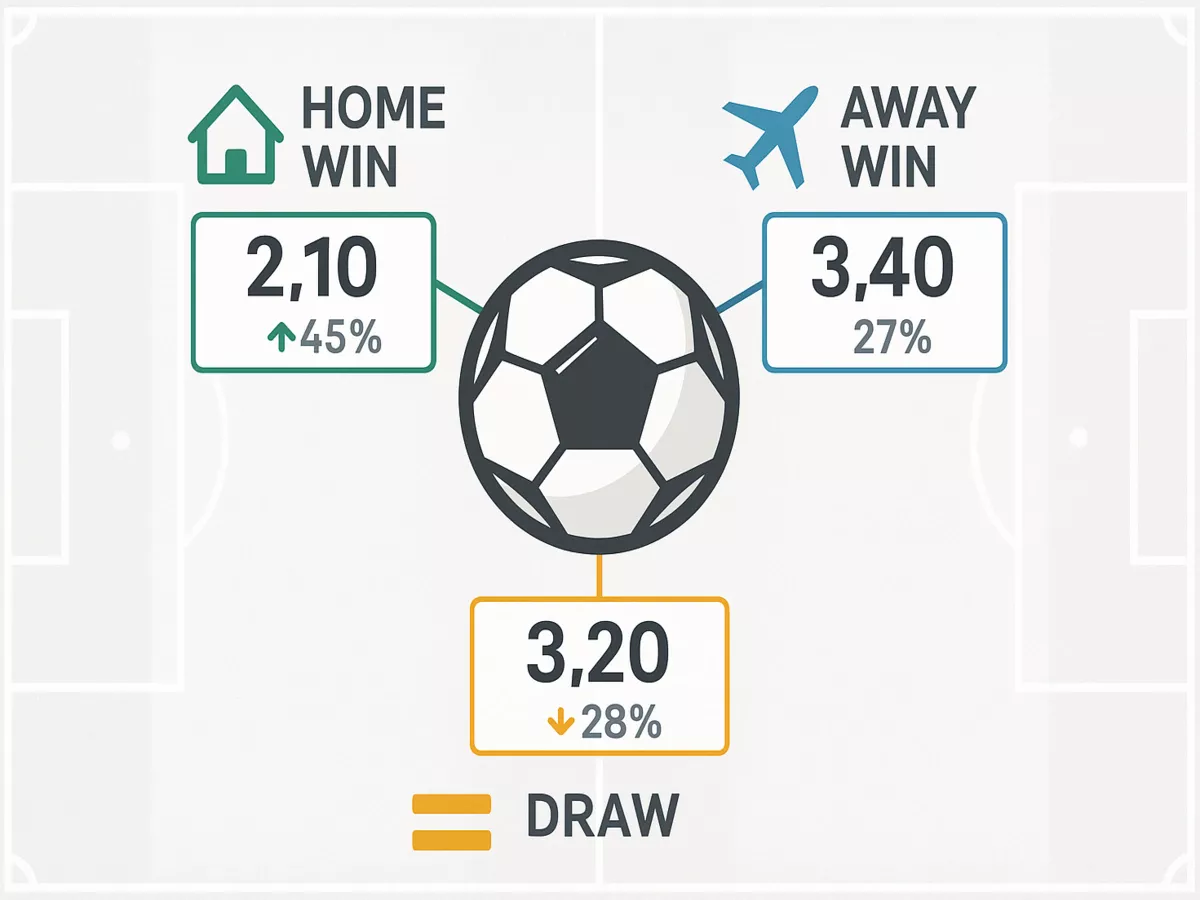 Soccer three-way betting market diagram showing home win, away win, and draw options with odds