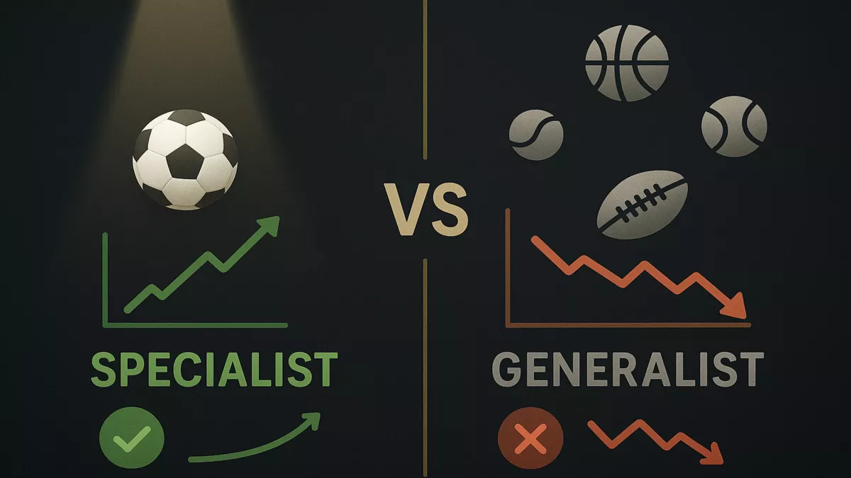 Sports betting specialization versus generalization comparison showing focused expertise outperforms spreading across multiple sports