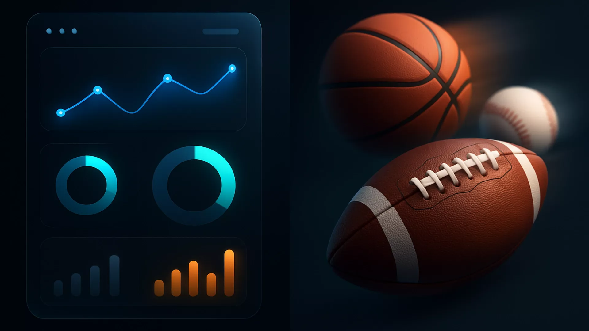Professional sports betting strategy dashboard showing analytics, charts and multiple sports equipment
