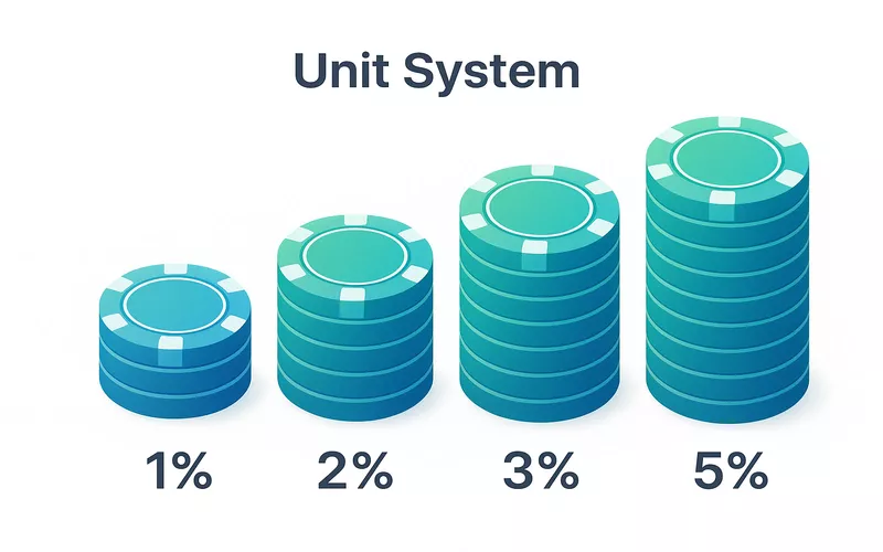 Unit system visualization showing percentage-based bankroll management with stacks representing 1%, 2%, 3%, and 5% units