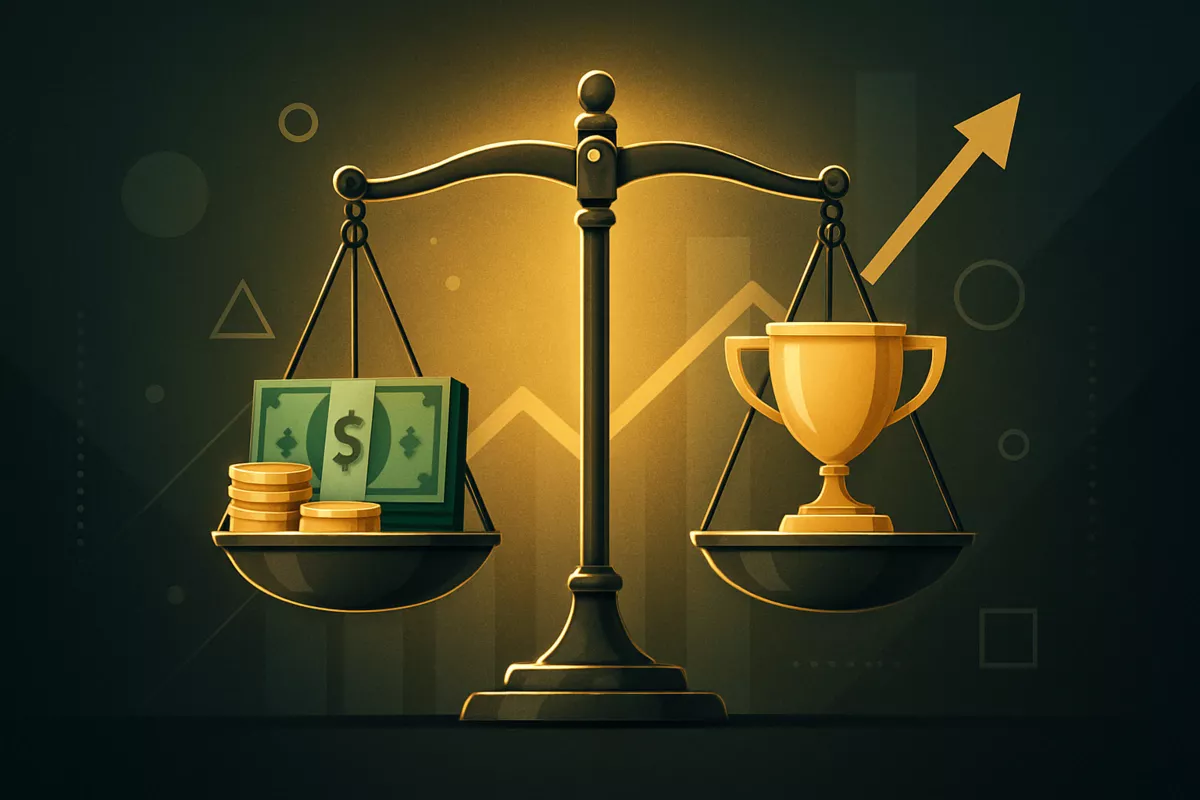 Conceptual illustration of value betting showing balance scale with money and trophy representing odds versus probability