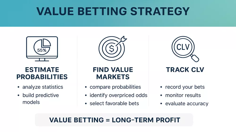 Value betting strategy summary showing three pillars: estimate probabilities, find value markets, track CLV